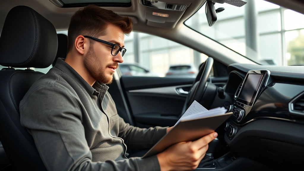 Professional automotive reviewer examining vehicle interior details, clipboard in hand, natural lighting, modern car showroom background, focused expression analyzing dashboard controls and seat comfort