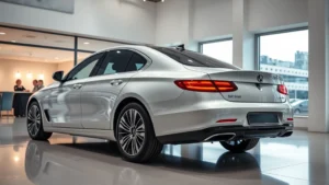 Sleek luxury sedan photographed from three-quarter angle in modern showroom with contemporary lighting, emphasizing refined design lines and premium materials visible through windows
