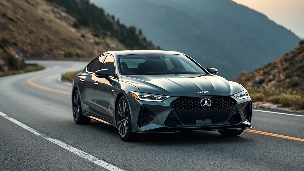 Sleek 2024 luxury sedan with aggressive front grille and LED headlights, three-quarter view on winding mountain road, professional automotive photography