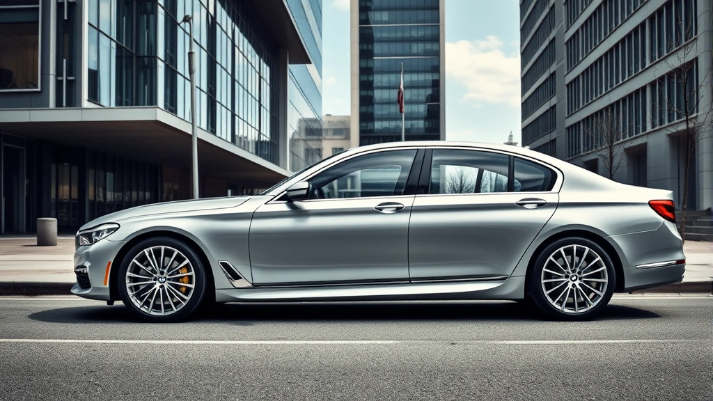 Sleek silver BMW 7 Series sedan parked on modern urban street with contemporary architecture background, premium luxury automotive photography, daylight professional lighting