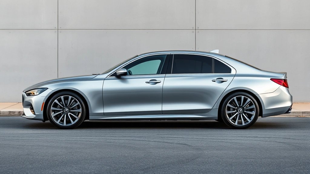 2024 luxury sedan sleek profile view silver paint metallic finish modern design lines parked elegantly professional automotive photography