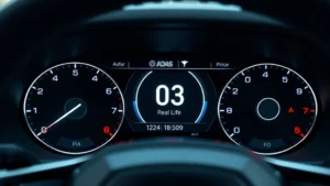 Close-up of modern car dashboard with illuminated ADAS icons, multiple sensor indicators, and sleek digital display interface showing real-time safety monitoring capabilities