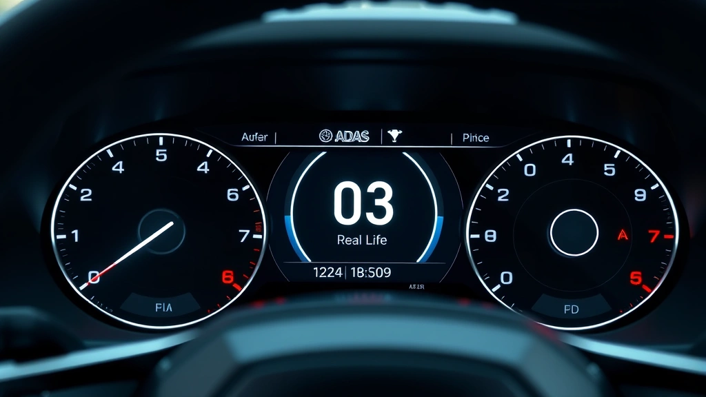 Close-up of modern car dashboard with illuminated ADAS icons, multiple sensor indicators, and sleek digital display interface showing real-time safety monitoring capabilities