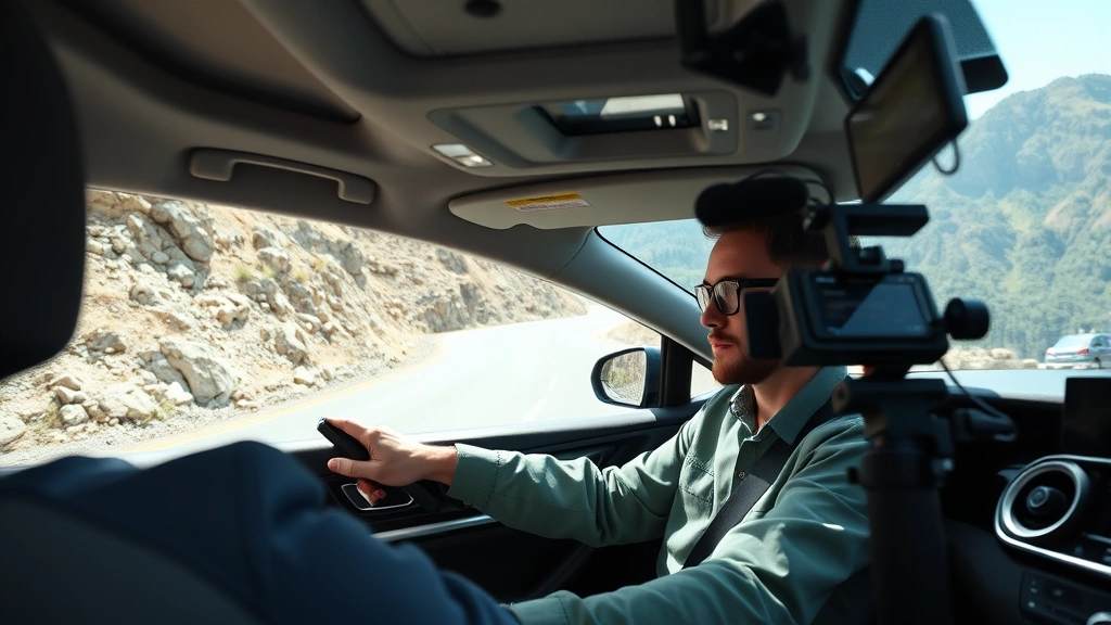 Professional automotive journalist testing modern sedan on winding mountain road, focused driving position, professional camera equipment visible in background, daylight, high-quality cinematography style