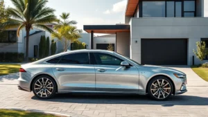 Sleek silver 2024 luxury sedan parked on modern driveway with contemporary home architecture in background, professional automotive photography, daytime lighting