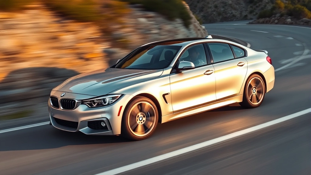 Silver BMW M440i sedan in motion on winding mountain road, dynamic side profile, sunlight reflecting off glossy paint, blurred background emphasizing speed and control