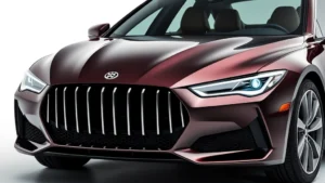 Luxury sedan front three-quarter view, professional automotive photography, premium paint finish, detailed grille and headlight design, clean studio background