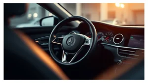 Close-up of premium leather steering wheel and dashboard in luxury sedan interior, soft ambient lighting, modern minimalist design, photorealistic