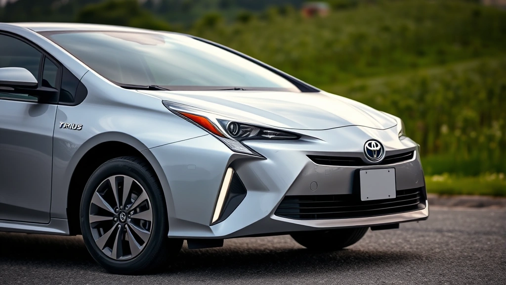 Modern Toyota Prius hybrid sedan photographed from three-quarter front angle, sleek silver body, modern LED headlights, parked on clean asphalt with blurred green landscape background, professional automotive photography lighting