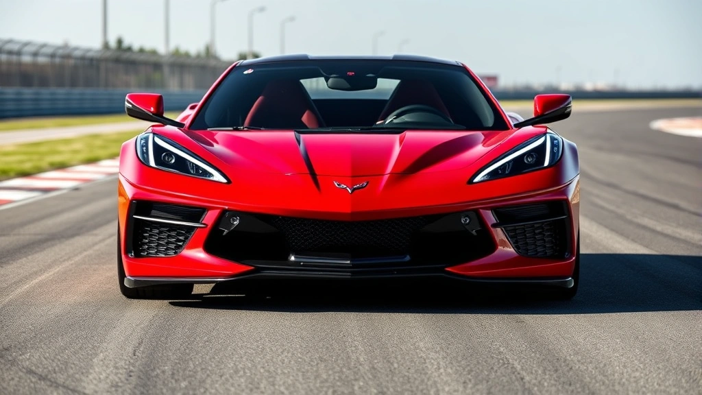 Red Chevrolet Corvette C8 mid-engine sports car photographed from three-quarter front angle on asphalt track, aggressive stance, aerodynamic design, daylight