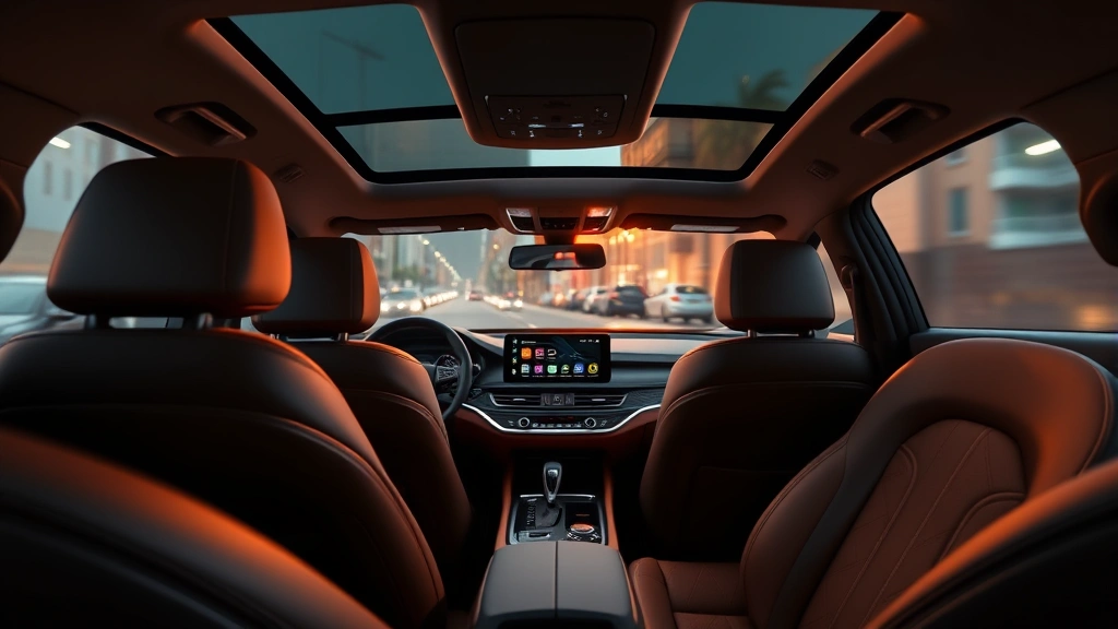 Luxury sedan interior with premium leather seating, ambient lighting, and modern infotainment touchscreen display in soft focus, photorealistic automotive cabin design