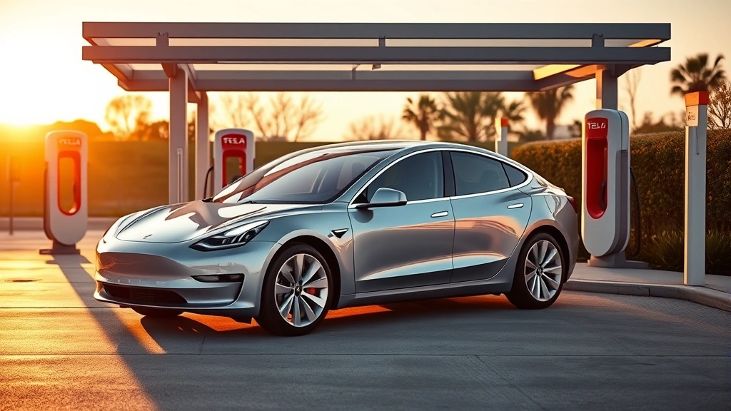 A sleek silver Tesla Model 3 sedan parked in a modern charging station with LED lighting and glass canopy, photographed from a three-quarter front angle during golden hour
