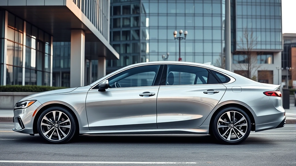 Sleek silver 2024 sedan parked on modern urban street with contemporary architecture background, professional automotive photography, daytime lighting, sharp focus on vehicle lines and design details