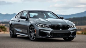 Sleek 2024 BMW M440i xDrive sedan in metallic gray, shot from three-quarter front angle with blurred landscape background, professional automotive photography