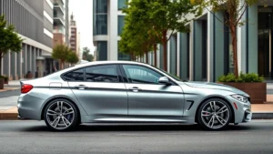 Sleek silver BMW M440i xDrive sedan parked on modern urban street, side profile showing muscular lines and premium wheels, professional automotive photography