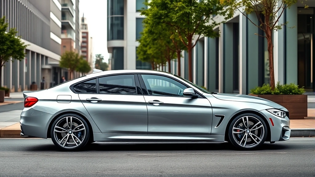 Sleek silver BMW M440i xDrive sedan parked on modern urban street, side profile showing muscular lines and premium wheels, professional automotive photography