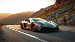 Professional automotive photographer capturing sleek sports car in motion on mountain road, low angle emphasizing aerodynamic design and performance stance, golden hour lighting