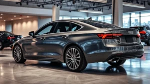 Sleek modern sedan with glossy finish parked in upscale dealership showroom with contemporary lighting and polished concrete floors, professional photography