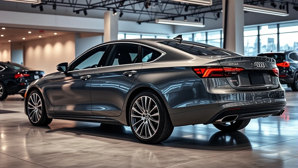 Sleek modern sedan with glossy finish parked in upscale dealership showroom with contemporary lighting and polished concrete floors, professional photography