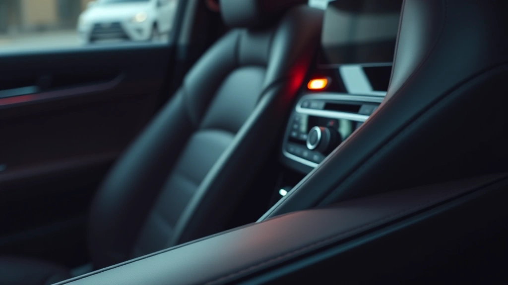 Close-up of premium leather interior with ambient lighting in luxury sedan, showing detailed stitching and climate control buttons