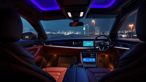 2024 luxury sedan interior with ambient lighting, premium leather seats, and modern dashboard controls, shot from driver's perspective showing refined steering wheel and advanced infotainment system