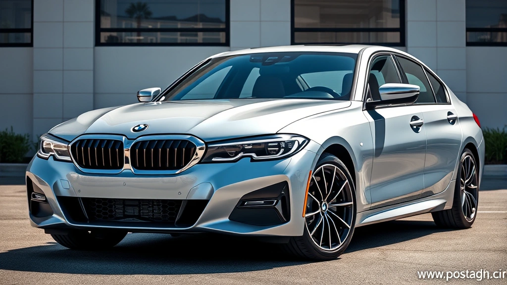 2024 BMW 340i sedan, silver metallic paint, low aggressive stance, photographed from three-quarter front angle in natural daylight, premium interior visible through windows, professional automotive photography
