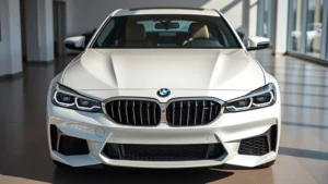 Professional automotive photography of 2024 BMW M440i xDrive sedan, pearl white exterior, photographed from three-quarter front angle in bright daylight, premium dealership setting, sharp focus on sleek front grille and aggressive LED headlights