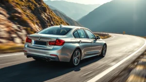 Sleek silver BMW 3 Series sedan photographed from three-quarter angle on a winding mountain road, crisp daylight, dynamic motion blur background, premium automotive photography