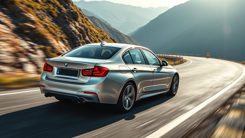 Sleek silver BMW 3 Series sedan photographed from three-quarter angle on a winding mountain road, crisp daylight, dynamic motion blur background, premium automotive photography