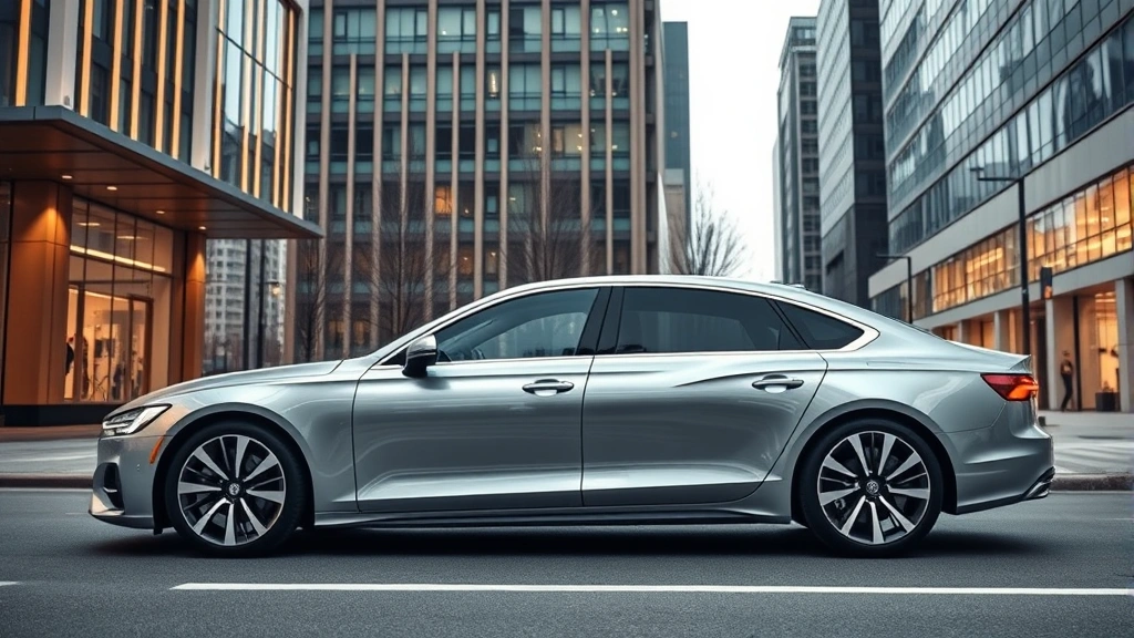 2024 luxury sedan in metallic silver parked on modern urban street with contemporary buildings, professional lighting emphasizing sleek design lines and premium wheels