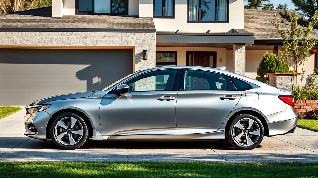 2024 Honda Accord silver sedan parked in modern driveway with contemporary home in background, professional automotive photography, daylight, side profile view