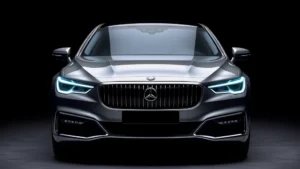 Premium luxury sedan front three-quarter view with sleek design, polished chrome details, elegant body lines, professional automotive photography lighting