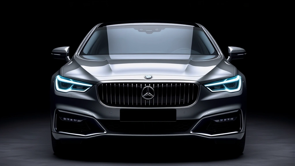 Premium luxury sedan front three-quarter view with sleek design, polished chrome details, elegant body lines, professional automotive photography lighting