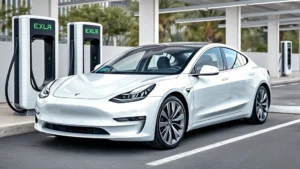 Tesla Model 3 in pearl white charging at modern electric charging station with green energy indicators, daytime, photorealistic automotive photography