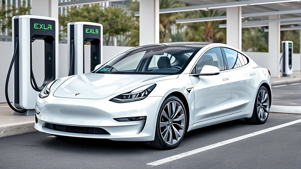Tesla Model 3 in pearl white charging at modern electric charging station with green energy indicators, daytime, photorealistic automotive photography