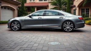 Premium luxury sedan parked in upscale residential driveway, showcasing elegant body lines and sophisticated design details