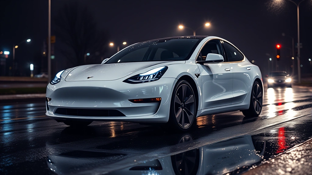 2024 Tesla Model 3 white sedan on wet road with city lights, professional automotive photography, low angle shot emphasizing sleek design