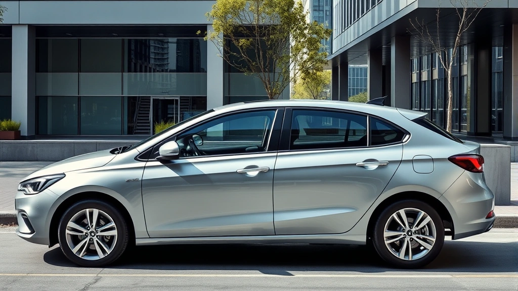 Modern compact sedan parked in urban environment, silver exterior, contemporary design, daylight photography, clean professional setting