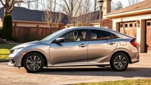 2024 Honda Civic compact sedan parked in suburban driveway, silver exterior, modern design, natural daylight, clean condition, side profile view showing sleek proportions