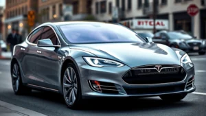 Modern Tesla Model S Plaid sedan in midnight silver, photographed at three-quarter angle with LED headlights illuminated, sleek aerodynamic profile visible against blurred urban background