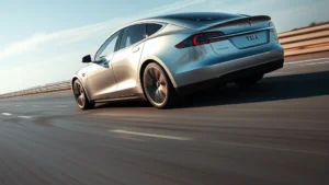 Tesla Model S Plaid silver sedan accelerating on empty highway, sleek profile, modern design, low angle shot showing aggressive stance