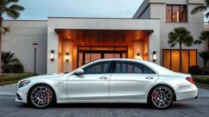 Premium luxury sedan parked in elegant driveway with modern architecture background, showcasing refined design and sophisticated curves