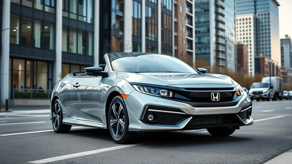 Honda Civic sedan parked on modern urban street with contemporary buildings, professional photography, bright daylight, clean reflective finish, dynamic three-quarter angle view