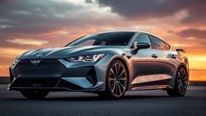 High-performance luxury sedan with sleek aerodynamic design, metallic silver paint, photographed against dramatic sky with professional automotive lighting