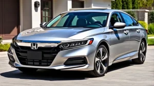 2024 Honda Accord silver sedan parked in modern driveway, three-quarter front view, professional automotive photography, daylight, clean condition