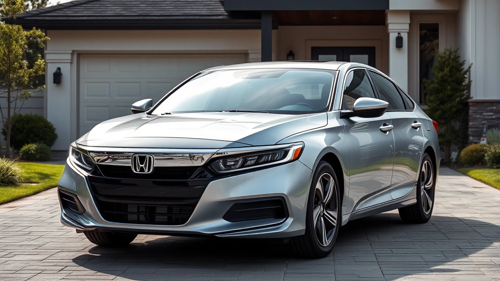 2024 Honda Accord silver sedan parked in modern residential driveway, three-quarter front view, clear daylight, professional automotive photography
