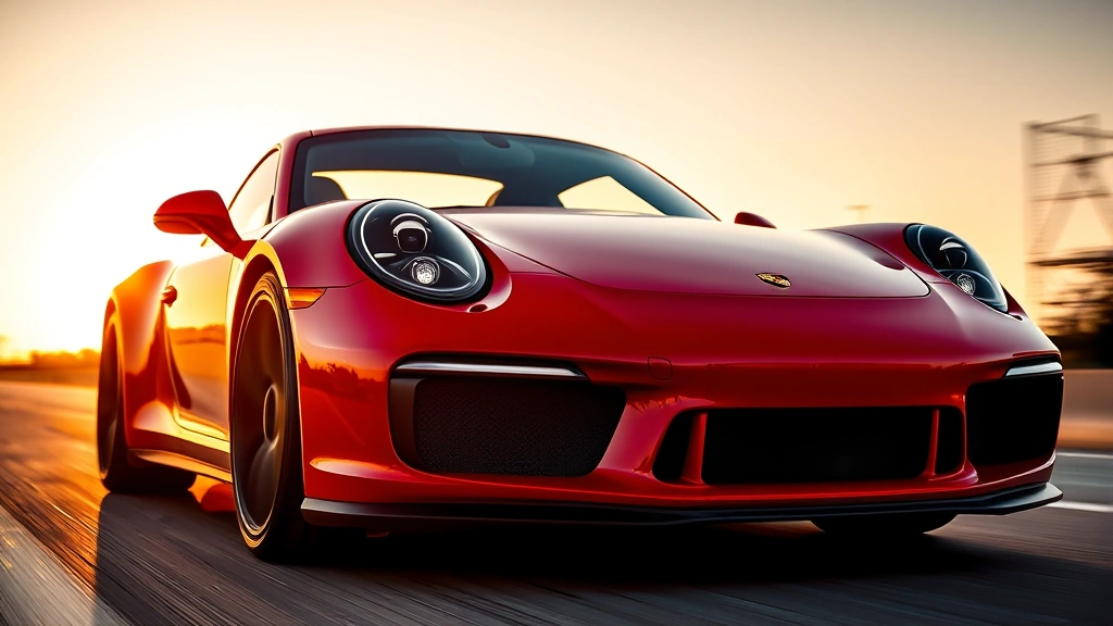 Low-angle photography of sleek red Porsche 911 Carrera during golden hour, showcasing curved hood and aggressive front fascia with dynamic motion blur in background, professional automotive lighting