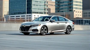 2024 Honda Accord silver sedan parked in modern urban setting with downtown buildings background, professional automotive photography style, daytime lighting