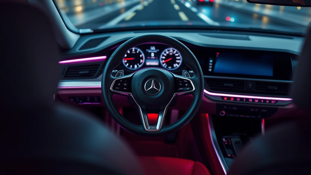 Close-up overhead view of luxury sedan dashboard and steering wheel, modern minimalist design with ambient lighting, premium leather and brushed aluminum trim visible