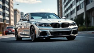 2024 BMW M440i xDrive sedan in silver metallic, three-quarter front view on modern urban road, professional automotive photography, bright daylight